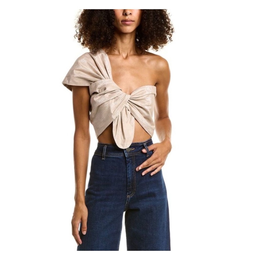 Just Bee Queen Sol One Shoulder Bow Crop Top Champagne Metallic size XS